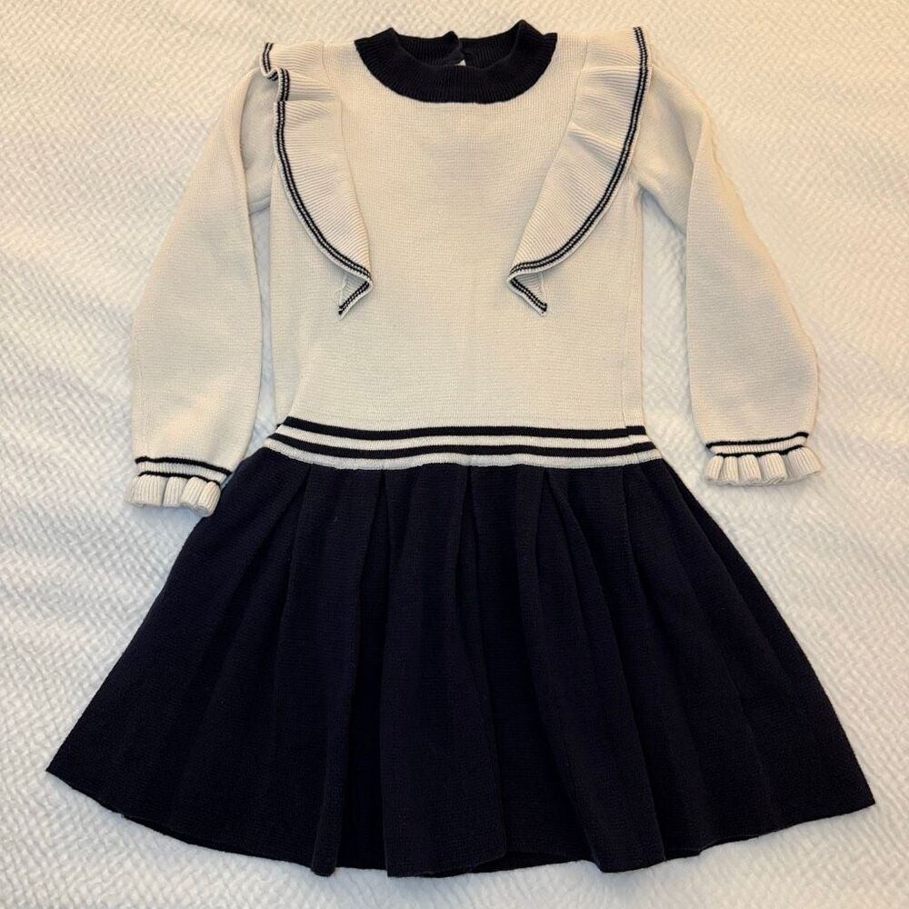 Hope & Henry | Ivory Navy Knit Dress | Ruffle Trim and Mock Neck | Girls 5